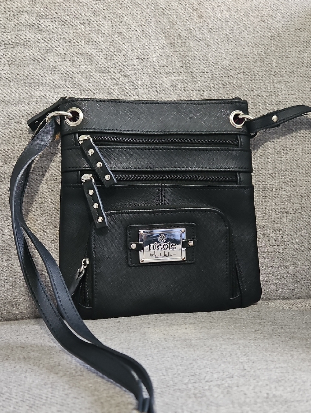 Nicole by Nicole Miller Black Leather Crossbody with Silver Hardware